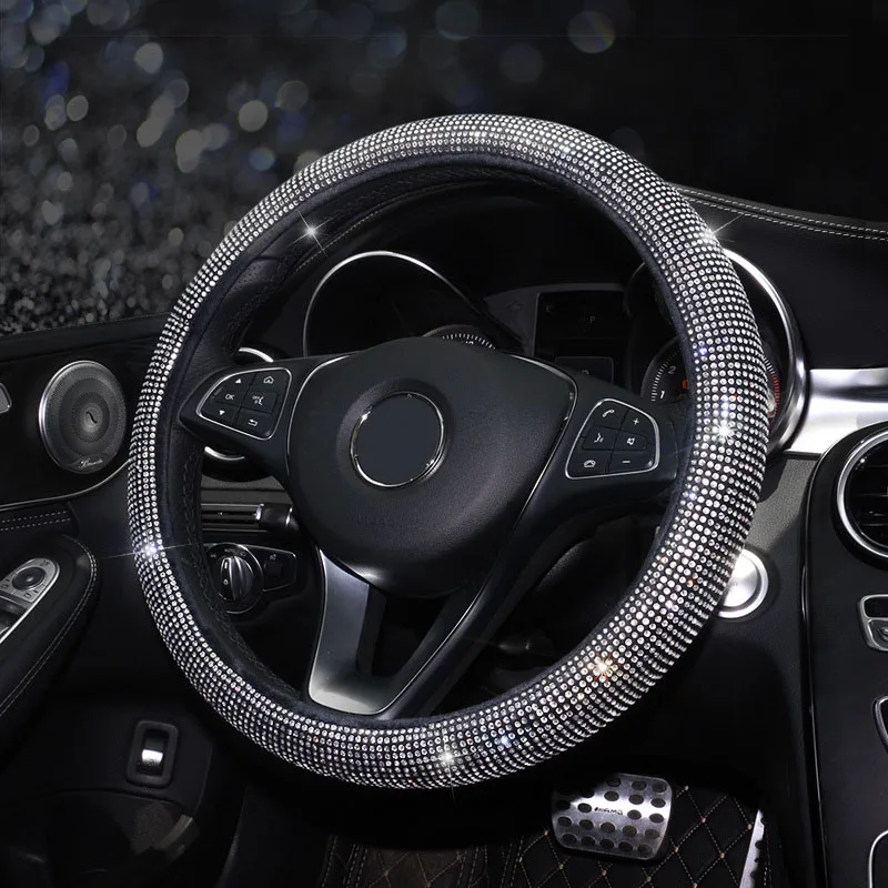 Steering Wheel Cover Хрустальные стразы, чехол на руль, шикарный автомобильный ремень для сиденья, подушка для шеи, поддержка талии, авто аксессуары для интерьера, комплект - Название цвета: Steering Wheel Cover