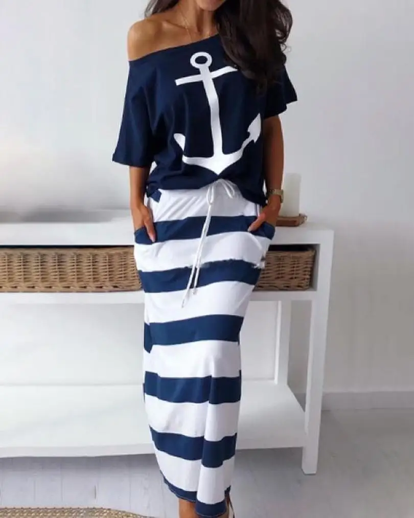 Женский комплект из двух предметов: футболка с принтом якоря и Полосатая юбка