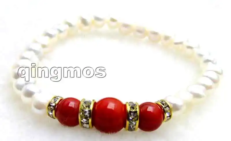 Qingmos 6-7mm Round Natural White Pearl Bracelet for Women with Red Coral Stone 7.5&quot Jewelry Bra292 | Украшения и аксессуары