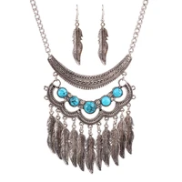 retro blue gem leaves tassel necklace earrings set trendy bohemian leaf choker necklaces women jewelry set