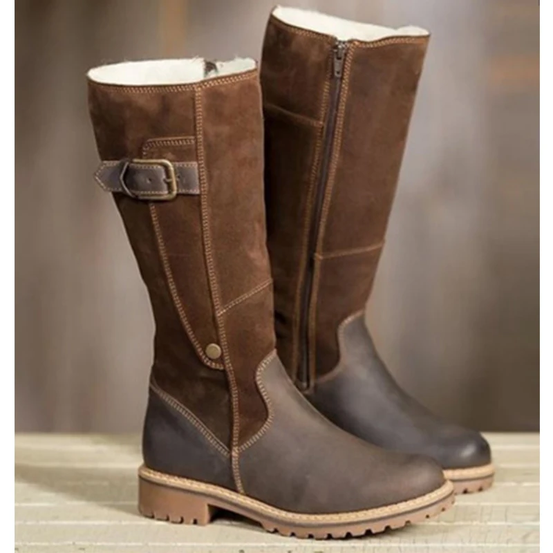 Plus Size 35-43 Winter Women Knee-High Boots Round Toe Buckle Decor 3CM Heels Female Shoes Fur Plush Insole Martin | Обувь