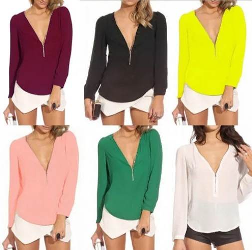 Женская Сексуальная Повседневная Блузка Рубашка Молнии V-образным Вырезом Шифон