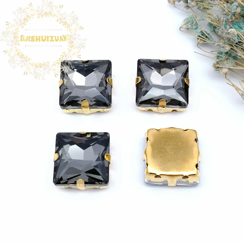 Серые квадратные стразы из хрустального стекла для пошива с золотыми когтями