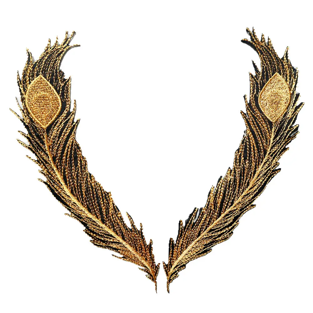 Золотые черные вышитые нашивки с хвостом из перьев 2 шт. приклеивающиеся