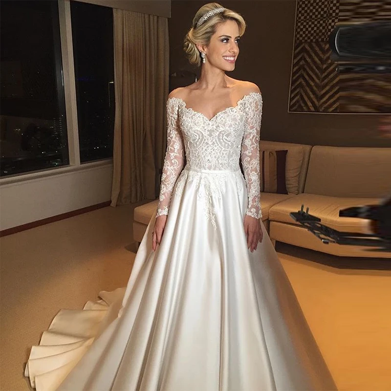 

A-line Wedding Dress Vintage V Neck Off The Shoulder Illusion Long Sleeves vestido de noiva Lace Applique Satin Bridal Gown