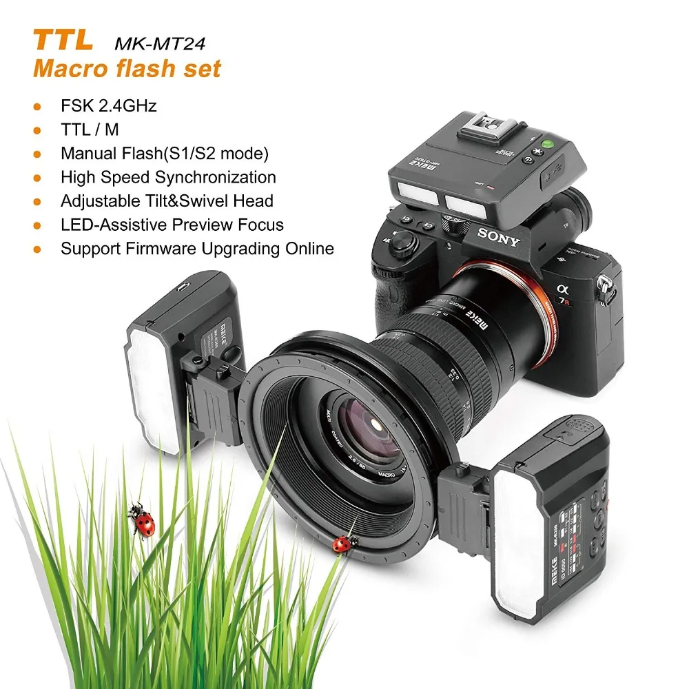 Meike MK-MT24 Macro Twin Lite Speedlite TTL светодиодная Макросъемка для Canon Nikon Sony A9 A7 III A7RIII MI камера