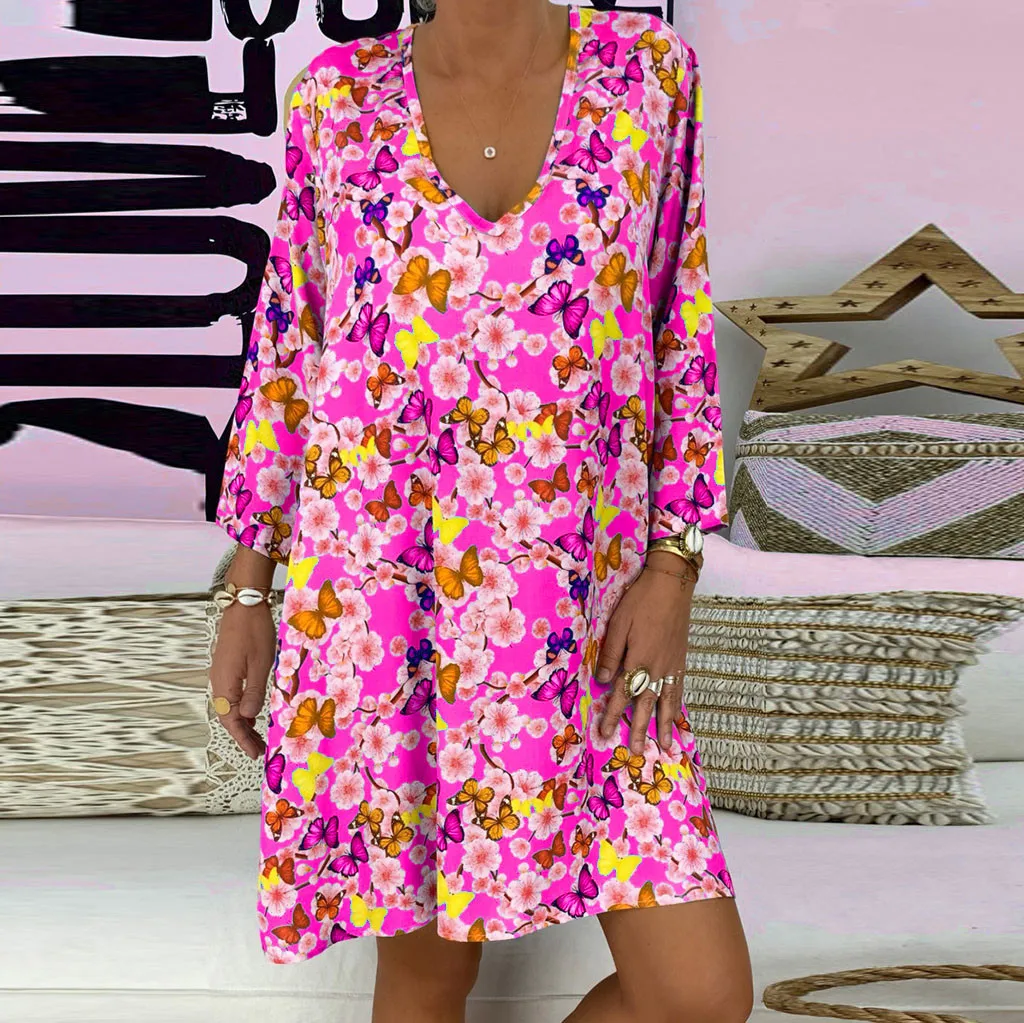 Vestidos Plus Size Dress Ladies V-neck Dresses Women's Loose Print Three Quarter Sleeve Mini Casual Summer MMM | Женская одежда