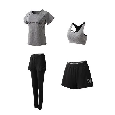 Light Gray 4pcs 5 шт., женские наборы для тренировок, набор для йоги, одежда для бега, женская одежда из полиэстера, женская одежда для фитнеса, женская спортивная одежда с бюстгальтером - Цвет: Light Gray 4pcs