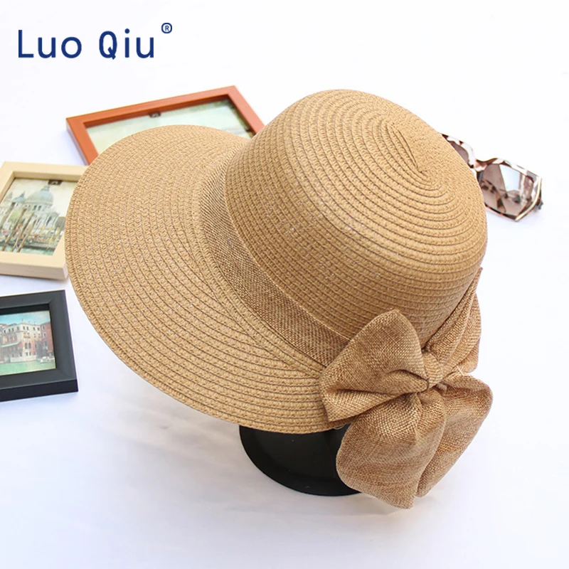 

2019 Fashion big bow sun hats hand made women straw cap beach big brim hat casual glris summer cap