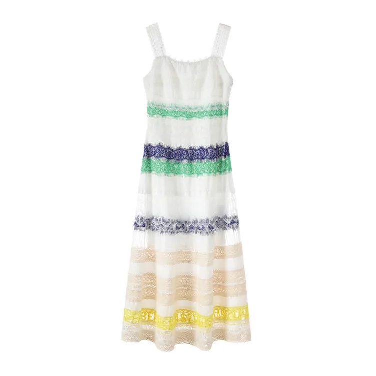 Женское кружевное платье макси длинное в разноцветную полоску стиле пэчворк на