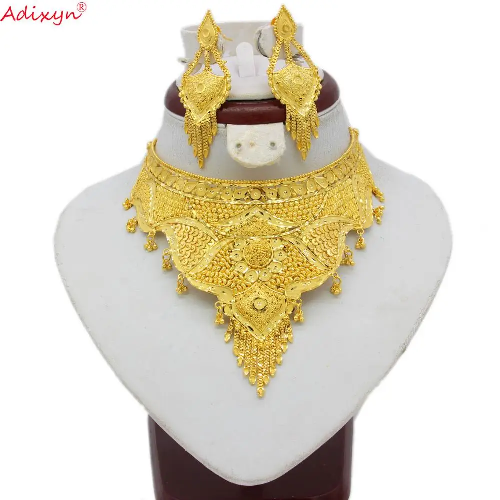 Adixyn индийские ювелирные наборы большого размера золотое ожерелье/серьги для