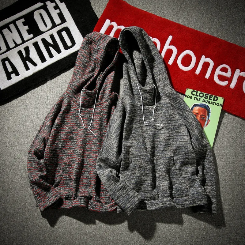 Свитер мужской теплый модный серый красный длинный рукав с капюшоном