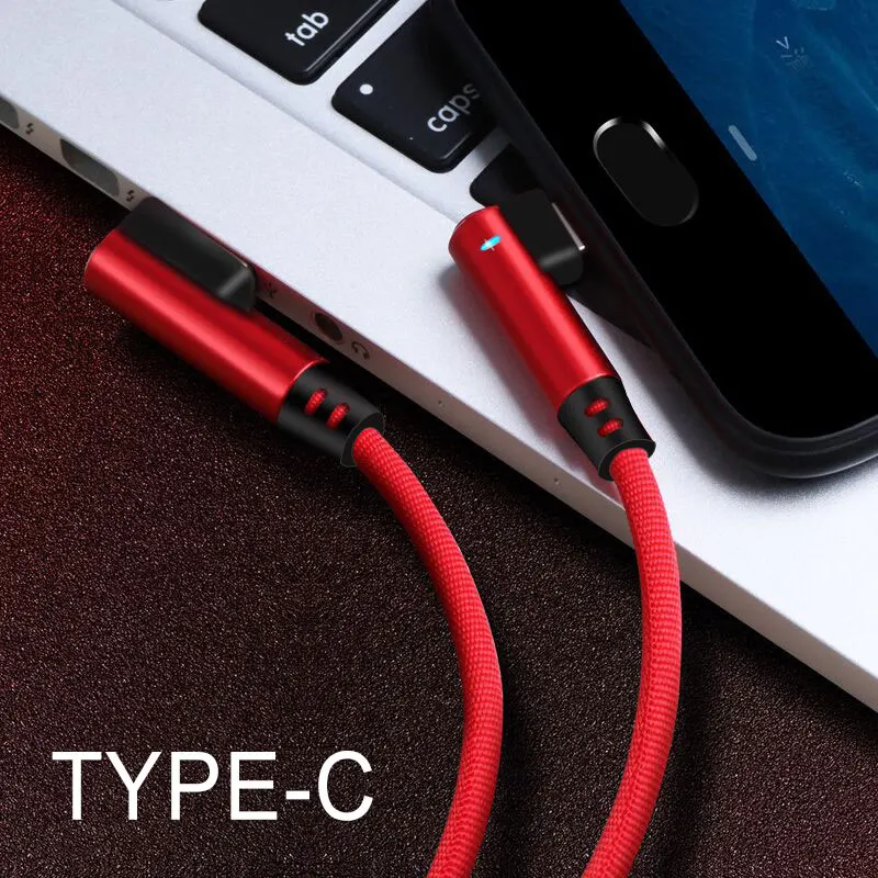 Type c-Red Двойной кабель для передачи данных игровой кабель для зарядки 90 градусов под прямым углом провода мобильного телефона с светильник для android type c iOS - Цвет: Type c-Red