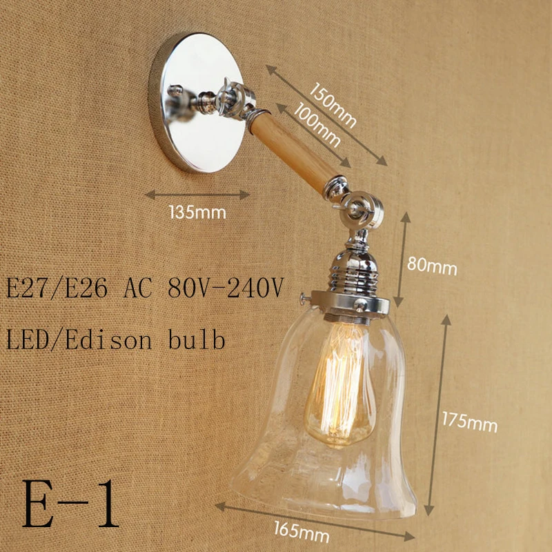 

Retro small Wall lamp glass lampshade free adjust wood single swing arm Edison E27 sconc for living room bedroom restaurant 220V