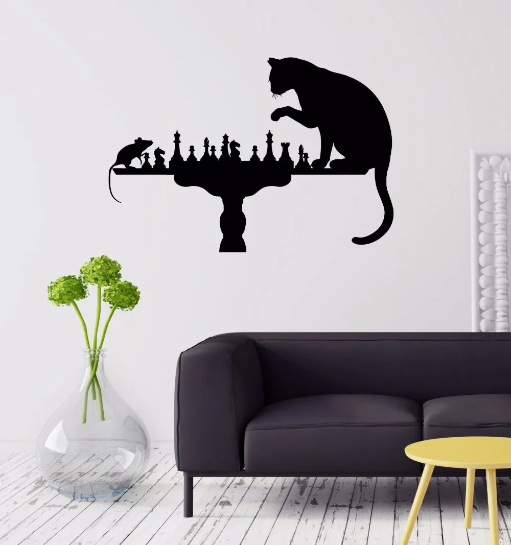 Модная настенная наклейка съемная виниловая шахматная кошка мышь искусство