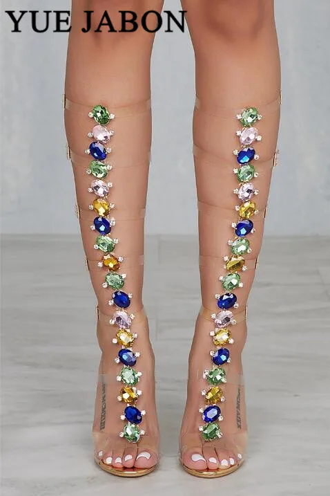 

New Pvc Transparent Gladiator Sandal boots Woman Open Toe T-strap Rhinestone Clear High Heel Shoes Women Summer Long Boots