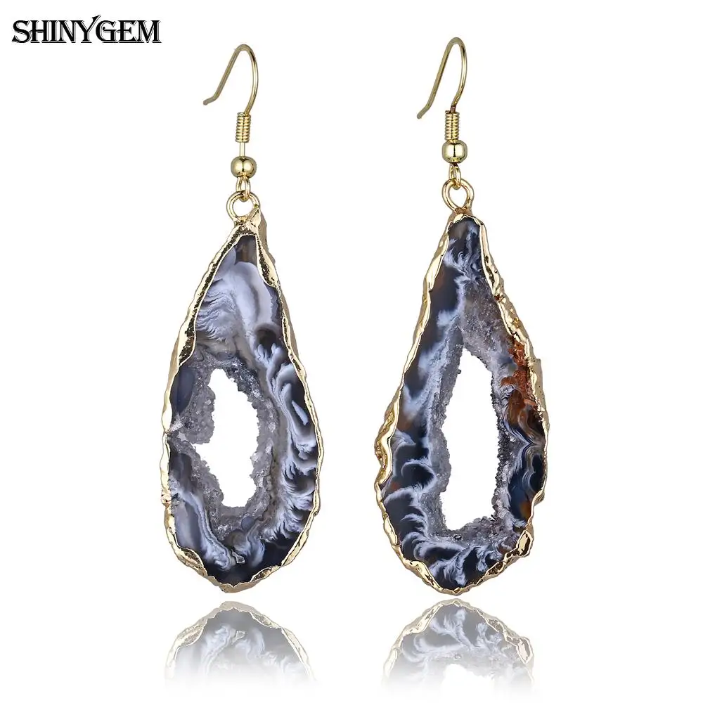 

ShinyGem Classic Irregular Natural Black Brown Agates Stone Slice Drop Earring Gold/Silver Plated Elegant Long Earrings For Wome