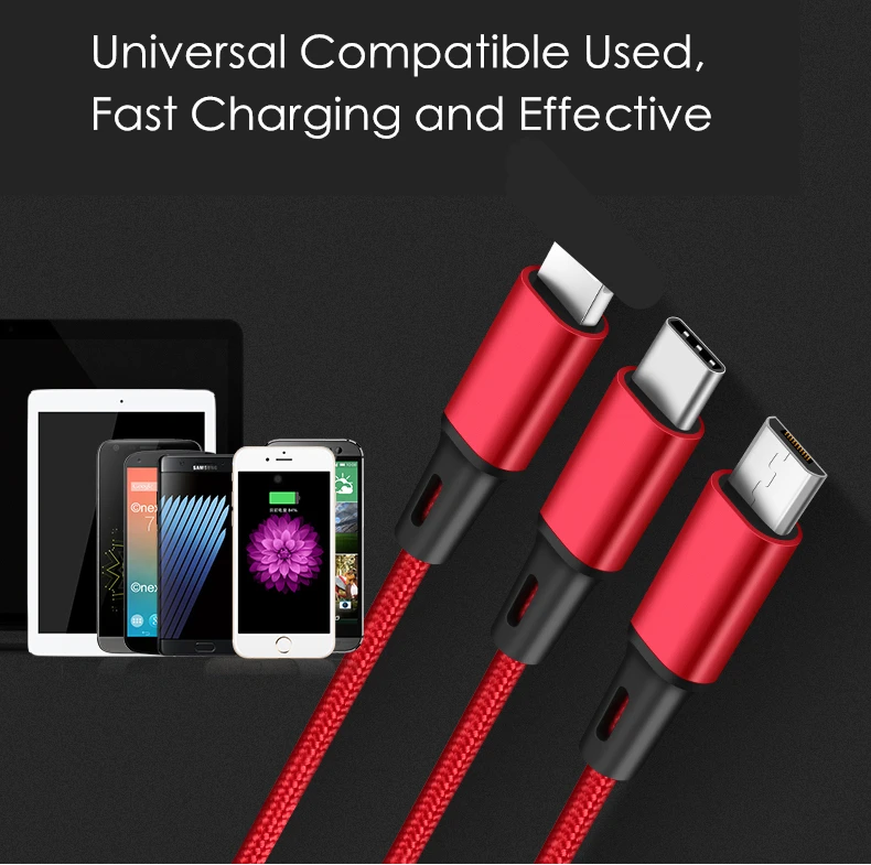 USB кабель 5V 2.4A 3 в 1 быстрая зарядка ткань Braide type C кабель зарядного устройства микро-usb для Xiaomi провод шнур для iPhone iPad кабель