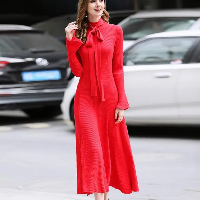 Женское платье-свитер длинное облегающее платье с рукавами-фонариками и длинным