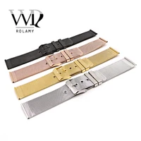 rolamy 20 22mm silver black rose gold stainless steel replacement mesh wrist watch band strap bracelet with polished buckle