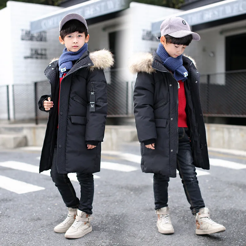 

Boys Long Sleeve Hooded Fluffy Collar Mid-Long Casual Fashion Winter Coats Thicken Cotton Winter Outdoor Jackets