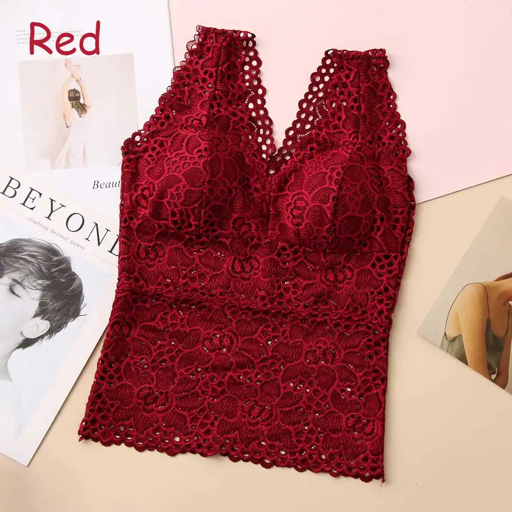 wine red Новинка, кружевная майка на бретельках, топ, новое нижнее белье Bralett, Женская майка, черный, белый, женский летний укороченный топ, нижнее белье - Цвет: wine red