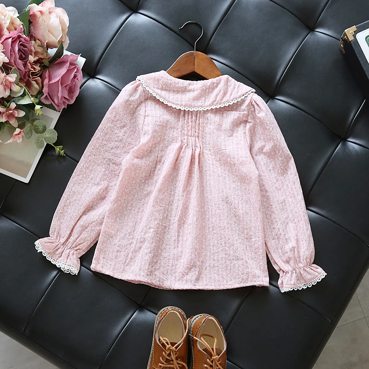 Кружевная блузка для девочек рубашка с длинным рукавом розовые школьные блузки