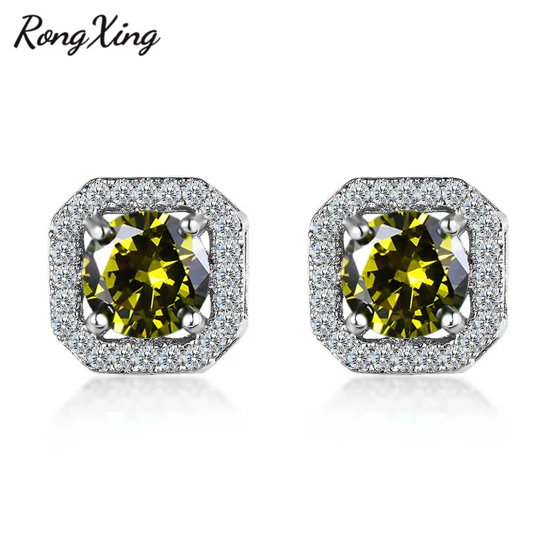 Olive Green RongXing 925 пробы, заполненные серебром, белый/синий/зеленый огненный опал, циркониевые квадратные серьги-гвоздики для женщин, радужные серьги с камнем рождения - Окраска металла: Olive Green