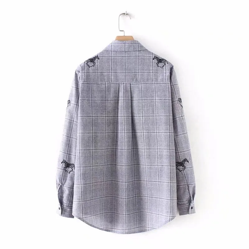 horse embroidery blouse women tops plaid shirt blouses 2018 loose long sleeve top shirts body chemise femme blusa |
