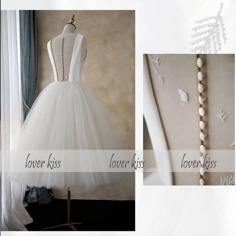Lover Kiss Vestido De Noiva изящное бальное миди Свадебное Платье Иллюзия Тюль сзади с бисером чай Длина Свадебные платья для лета