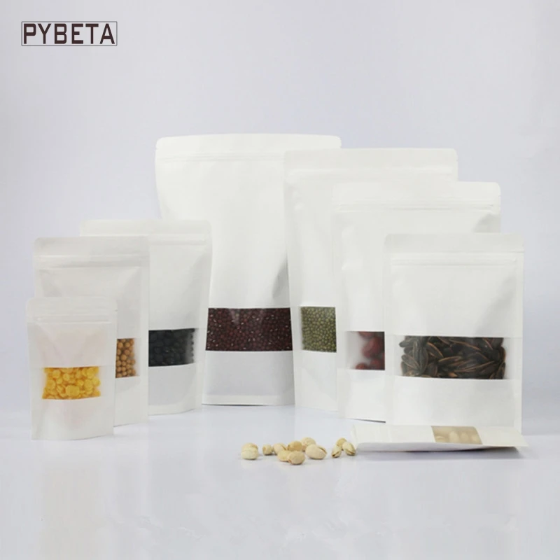 

100pcs/lot- 8 sizes available Zipper top Stand up White Kraft Paper Pouch with frosted window food powder candy party gift bag