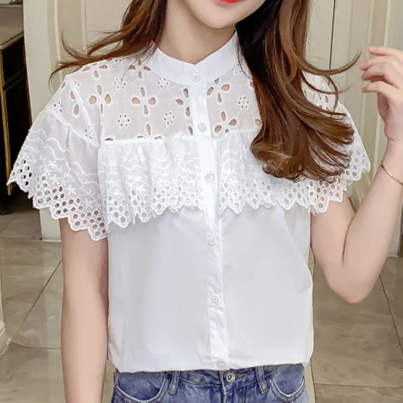 Модные женские топы и блузки 2020 кружевная блузка рубашка белая с коротким