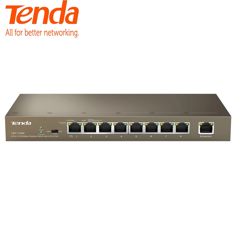 Tenda TEF1109P 8 63W коммутатор для интернет сети 9 Порты и разъёмы длиной 250 м расстояние