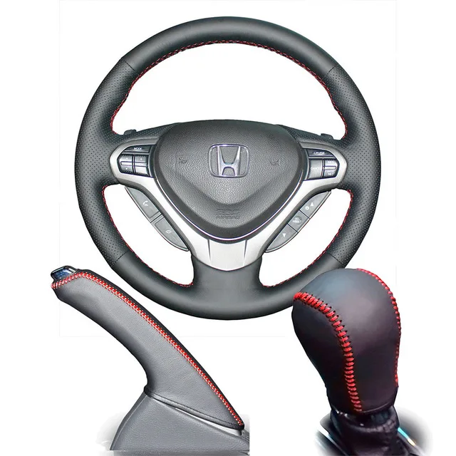 Оплетка на руль для Honda Spirior 2009-2013 старый Accord чехол ppc крышка ручного тормоза и чехол для рычага переключения передач - Название цвета: Red stitch 1 set