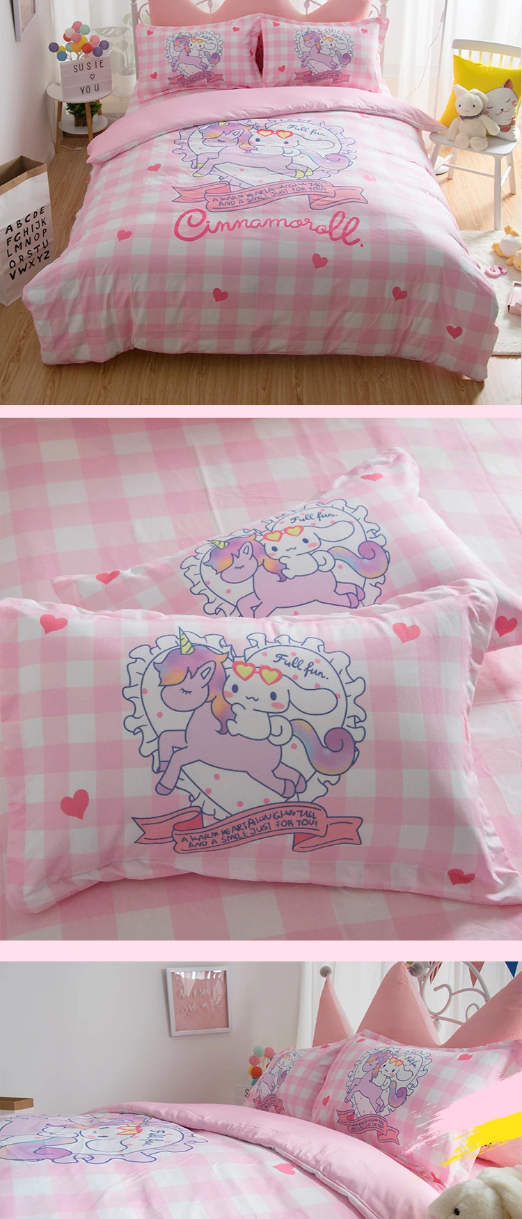 4 шт./компл. прекрасный с единорогом в стиле аниме Cinnamoroll хлопок Постельное белье с мультяшным рисунком постельное белье решетки пододеяльник, простынь, наволочки