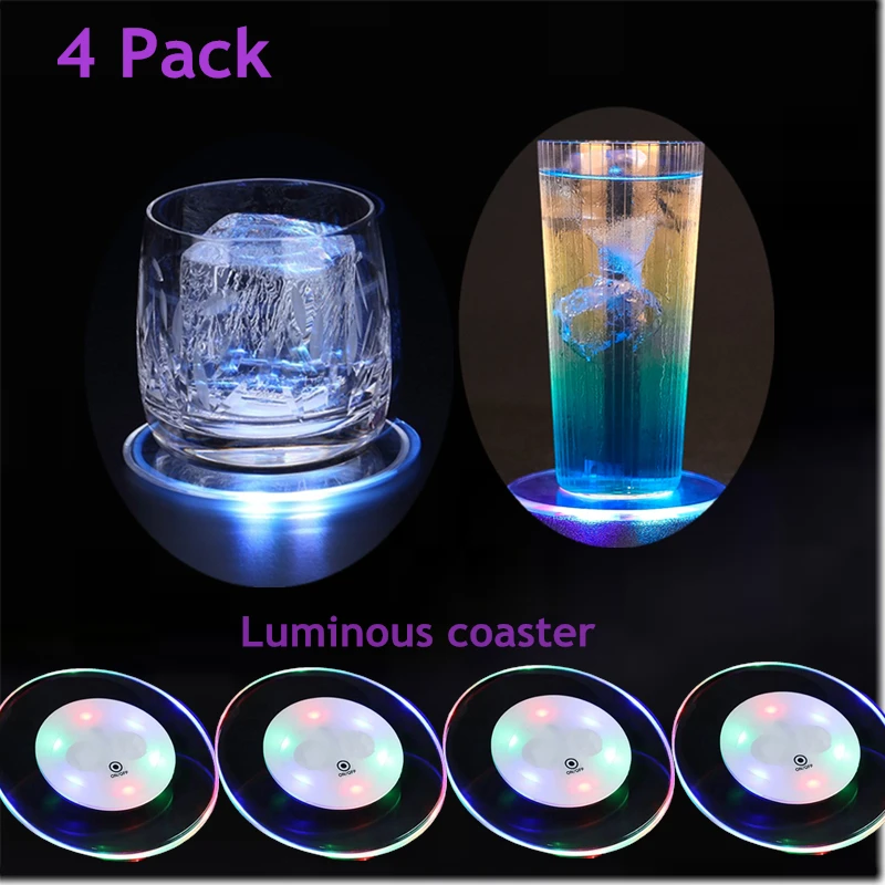 4 pack Acrylic crystal LED light coaster bar cocktail coaster white color transparent light base changable color waterproof