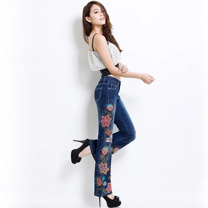 Женские обтягивающие брюки с высокой талией украшенные бисером и вышивкой