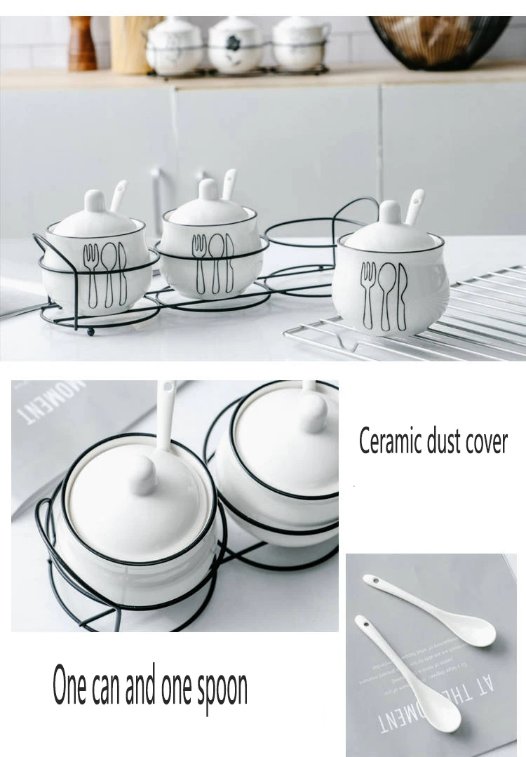 Ceramic Seasoning Jar Three-piece Kitchen Utensils Seasoning Box Household Salt Seasoning Seasoning Tank Combination Set Send
