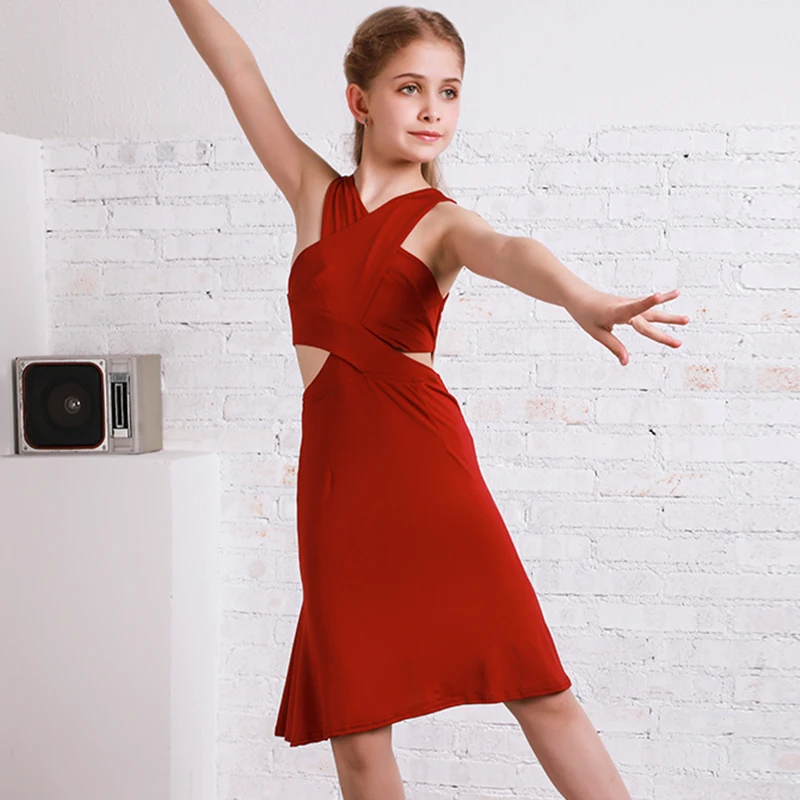 Latin Dance Dress For Girls Red Cha Cha Samba Salsa Rumba Practice Clothes Milk Fiber Ballroom Tango Dancing Kids Dresses DC2518