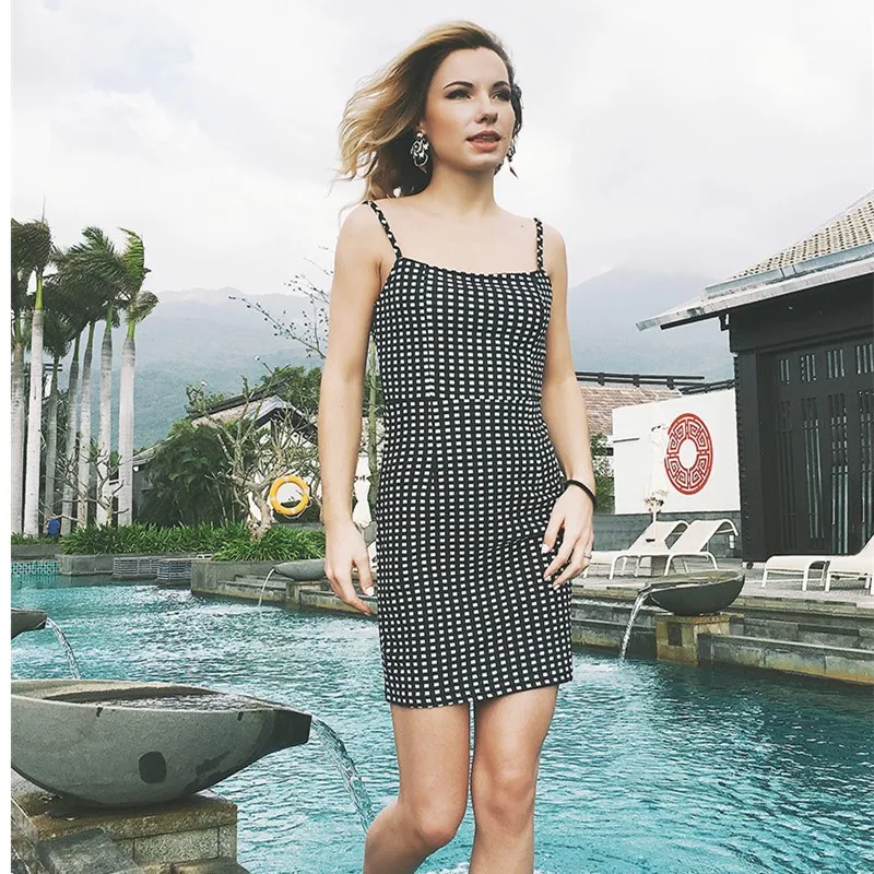 клетчатое платье с открытой спиной сарафан женский летний 2019 платья больших