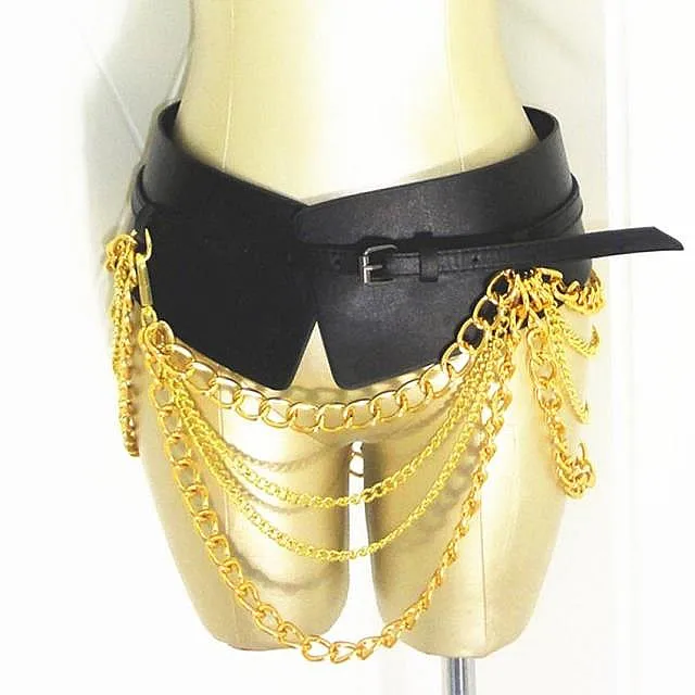 New Fashion Exaggerated Golden Chain Tassel Wide Leather Belt for Women Nightclub Punk Personality Girdle Dress Straps