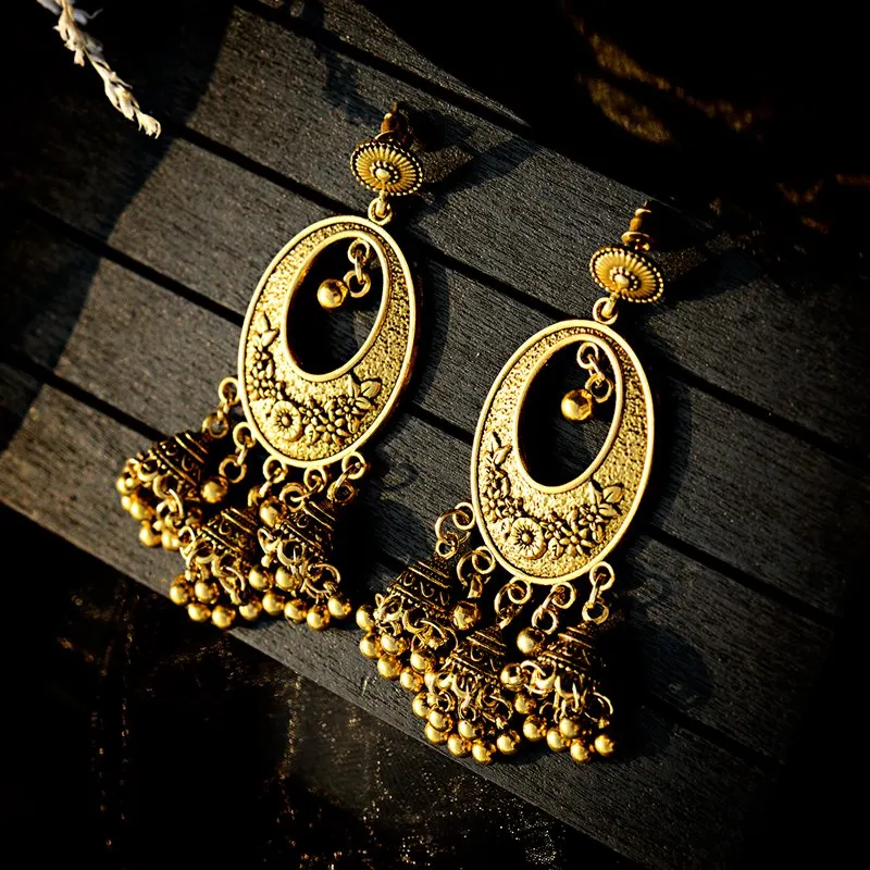 OIQUEI индийские ювелирные изделия Jhumka золотые Серебряные Колокольчики длинные