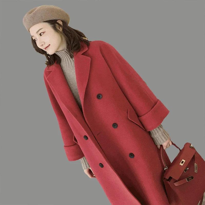 

New Women's Wool Coat Autumn Winter 2018 Fashion Classic Solid Red Double Row Button Woolen Jacket Slim Thicken Long Outerwear F