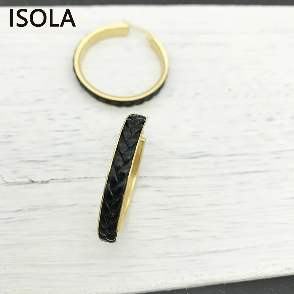 ISOLA, высокое качество, натуральная кожа на поверхности, круг из титановой стали, классические креольские серьги, круглая форма, серьги-кольца