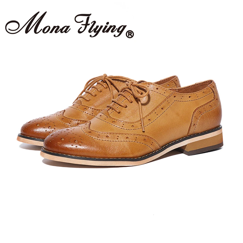 Mona Flying/женские кожаные оксфорды; стильные перфорированные броги на плоской подошве; женская обувь на шнуровке; A068-1