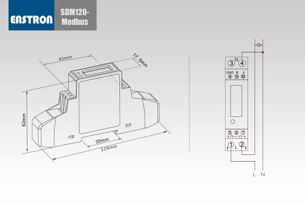 SDM120Modbus 5(45) A, 220/230 В, однофазный умный кВтч метр, настраиваемый импульсный выход,+ RS485, 17,5 мм NON-MID