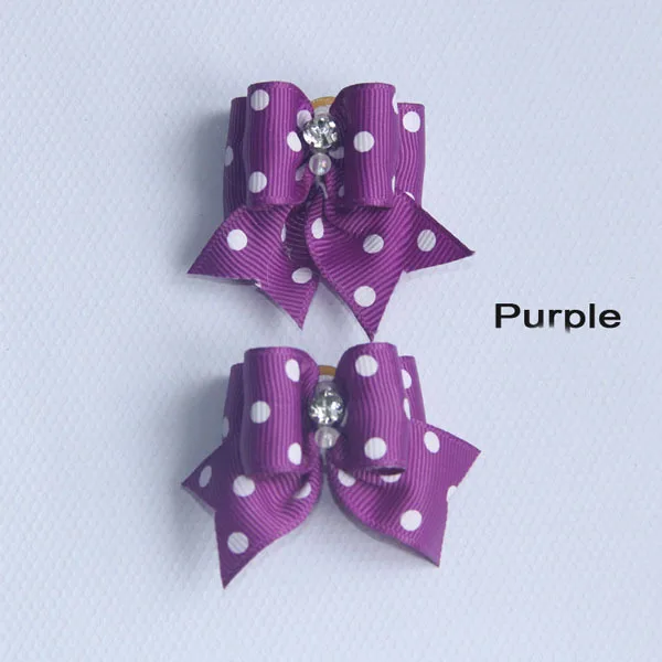 Purple 1 пара бутик ручной собака волосы луки 10 Цвета Dot Pattern Pet аксессуары для волос с резинкой Украшенные стразами бантом - Цвет: Purple