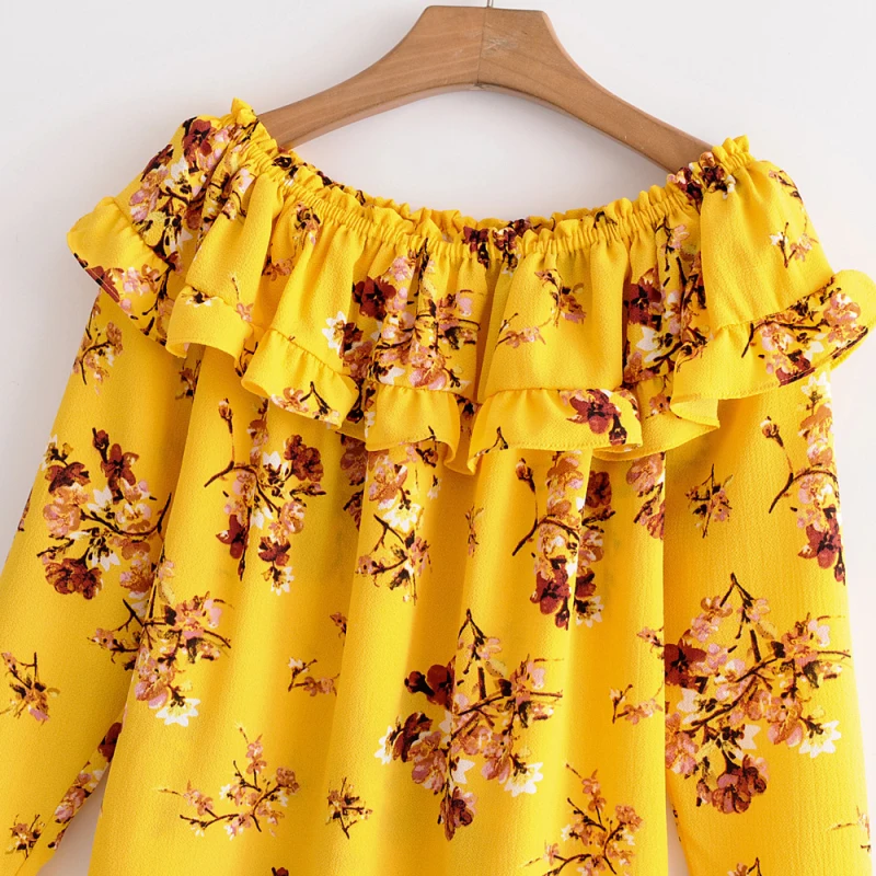 Womens Elegant Flower Print Chiffon Top Sexy Slash Neck Splicing Ruffled Trumpet Long Sleeve 2018 New Summer Beach Blouse |
