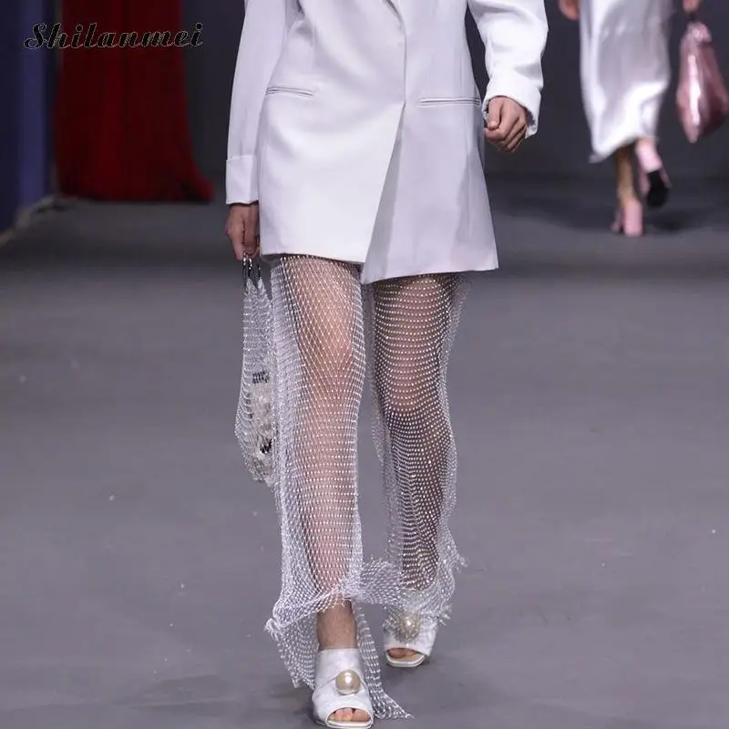 Блестящие леггинсы с высокой талией брюки украшенные сеткой со стразами широкие