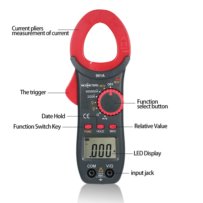 RICHMETERS RM901D Цифровые токоизмерительные клещи 4000 отсчетов бесконтактная проверка напряжения переменного автоматическими настройками AC/DC Напряжение частота сопротивление постоянной ёмкости, универсальный конденсатор диод Temperatu